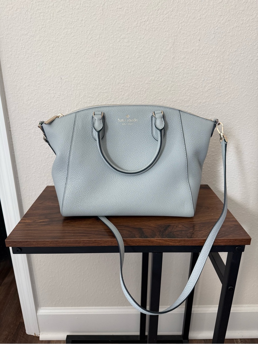 kate spade Light Blue Pebbled Leather Satchel with Detachable Strap